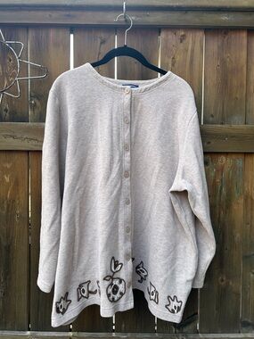 Beige Button Up Women's Sweater with Embroidered Hem